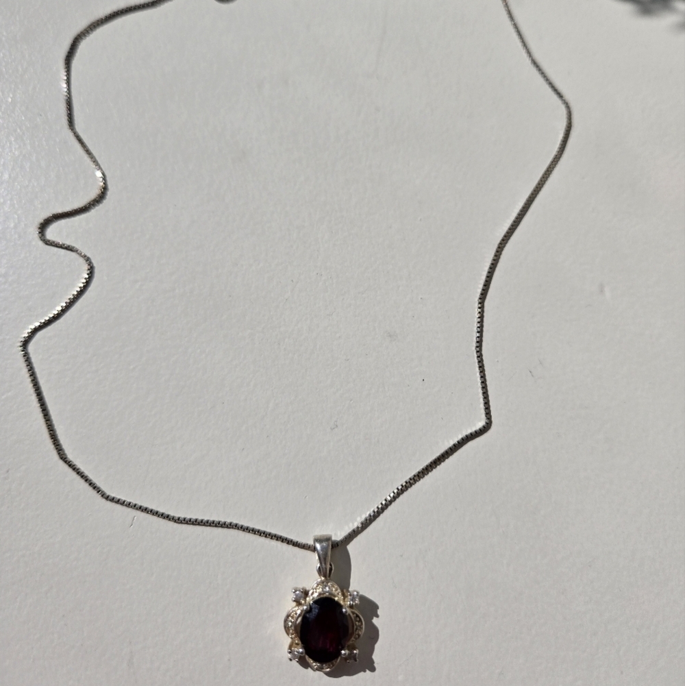Vintage 925 Sterling Silver Box Chain 15.5” Necklace & JC Red CZ Stone Pendant - Picture 1 of 3